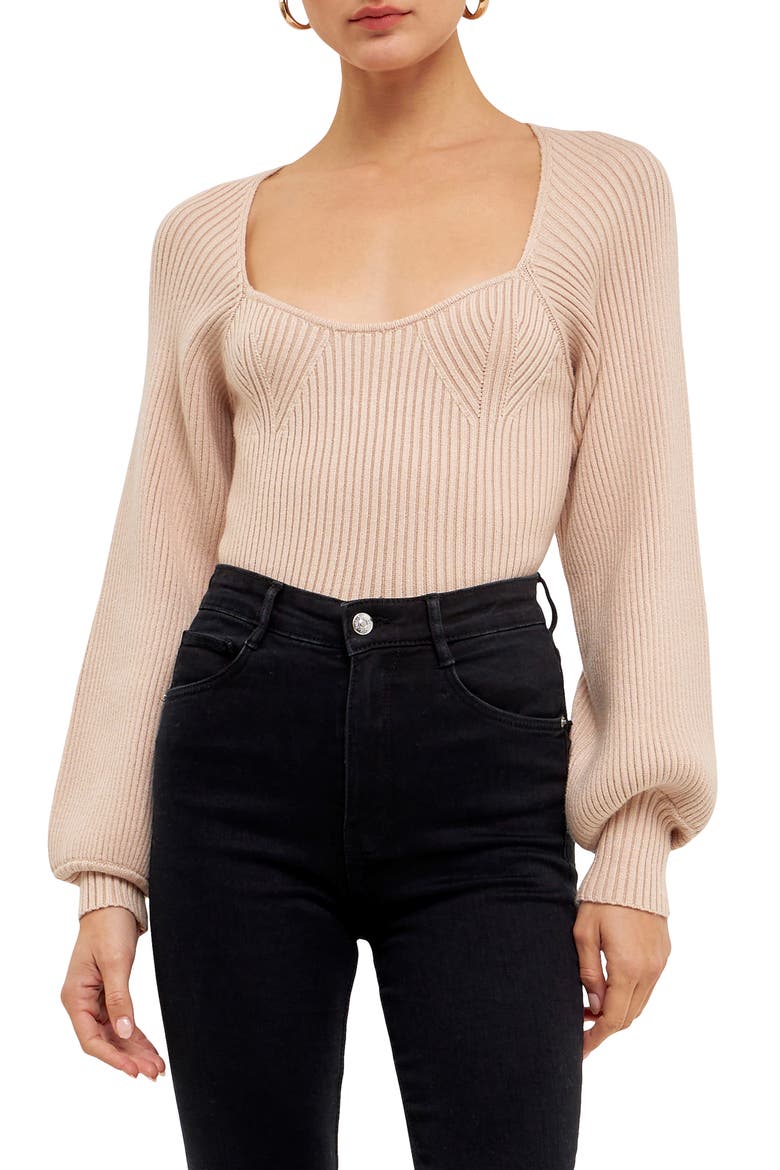Ribbed Bishop Sleeve Top, Main, color, BEIGE