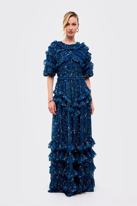Ruffle Flutter Sleeves Maxi Dress