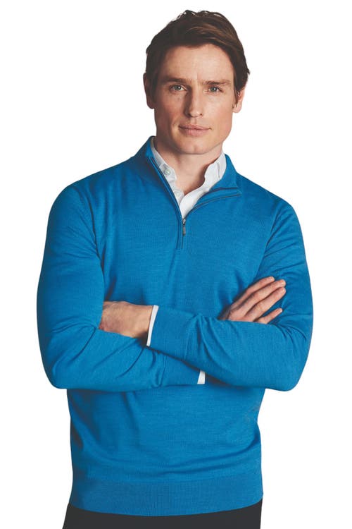 Charles Tyrwhitt Pure Merino Zip Neck Sweater in Bright Blue 