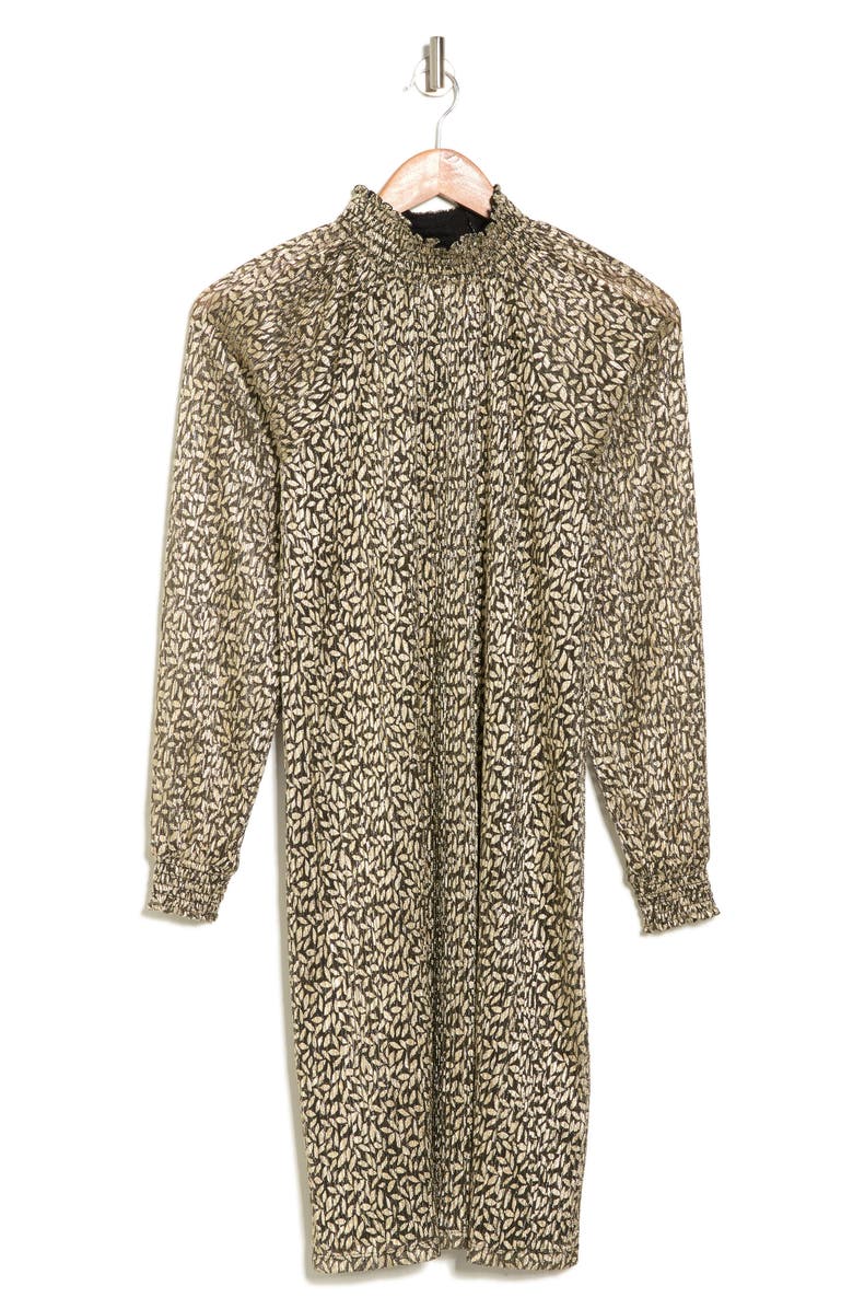 Nina Leonard Smock Neck Float Foiled Print Trapeze Cocktail Dress, Alternate, color, Black/Gold