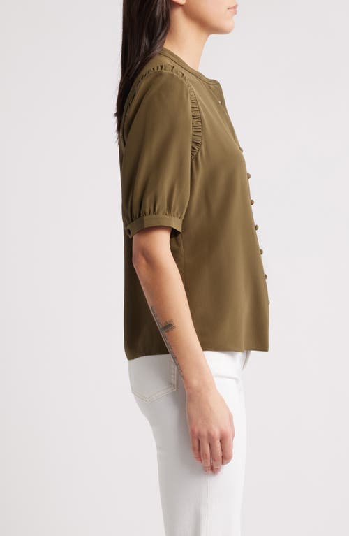 Shop Frame The Silk Gathered Short Sleeve Button-up Shirt In Juniper