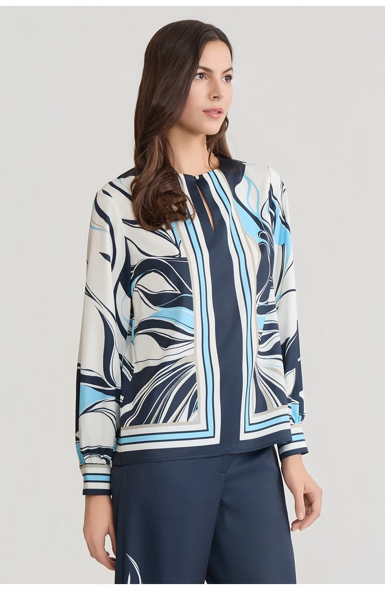 Ming Wang Floral Abstract Crepe de Chine Blouse, Alternate, color, Indigo/White/Serene