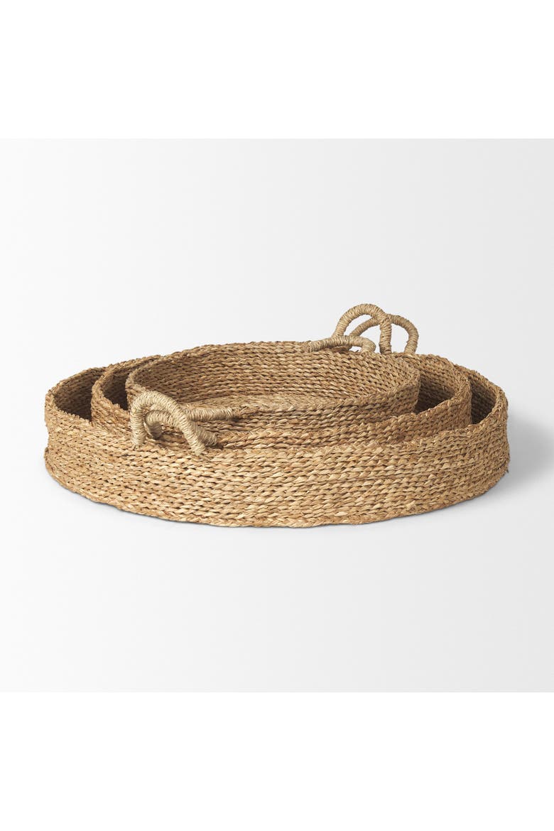 Ulana Set of 3 Round Nesting Seagrass Trays w/ Handles, Alternate, color, Brown