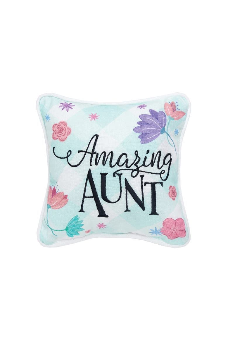 Amazing Aunt Printed and Embroidered Small Petite Size Accent Throw Pillow, 8" x 8", Main, color, Green