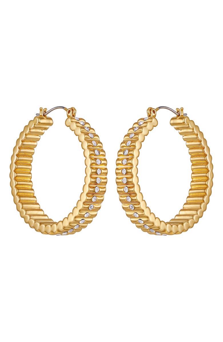 Vince Camuto Pavé Crystal Ribbed Hoop Earrings, Main, color, Gold Tone