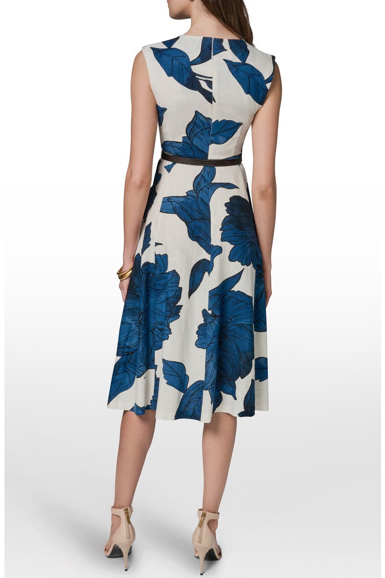 Belted Floral Linen Blend Fit & Flare Dress, Alternate, color, CREAM/ NIGHT