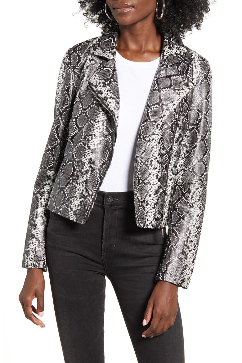 Snake Print Faux Leather Moto Jacket, Main, color, DARK GREY SNAKE