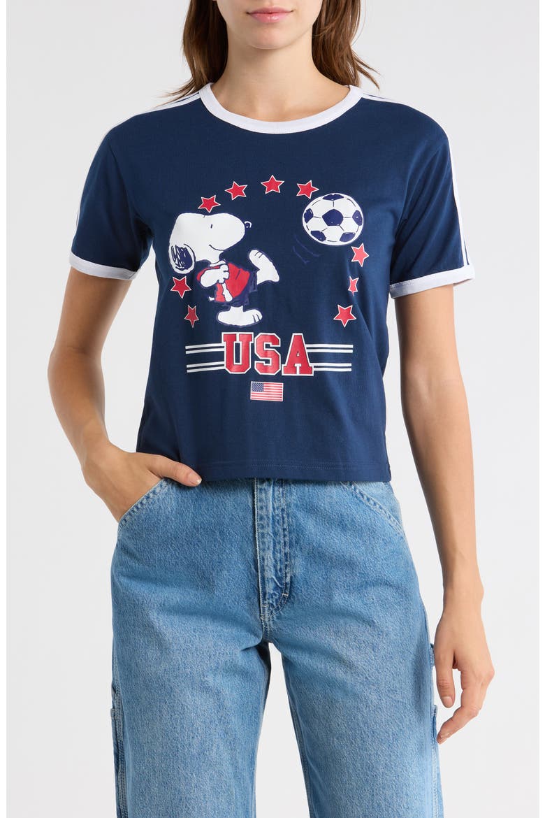 Peanuts USA Soccer Graphic Ringer T-Shirt, Main, color, NAVY
