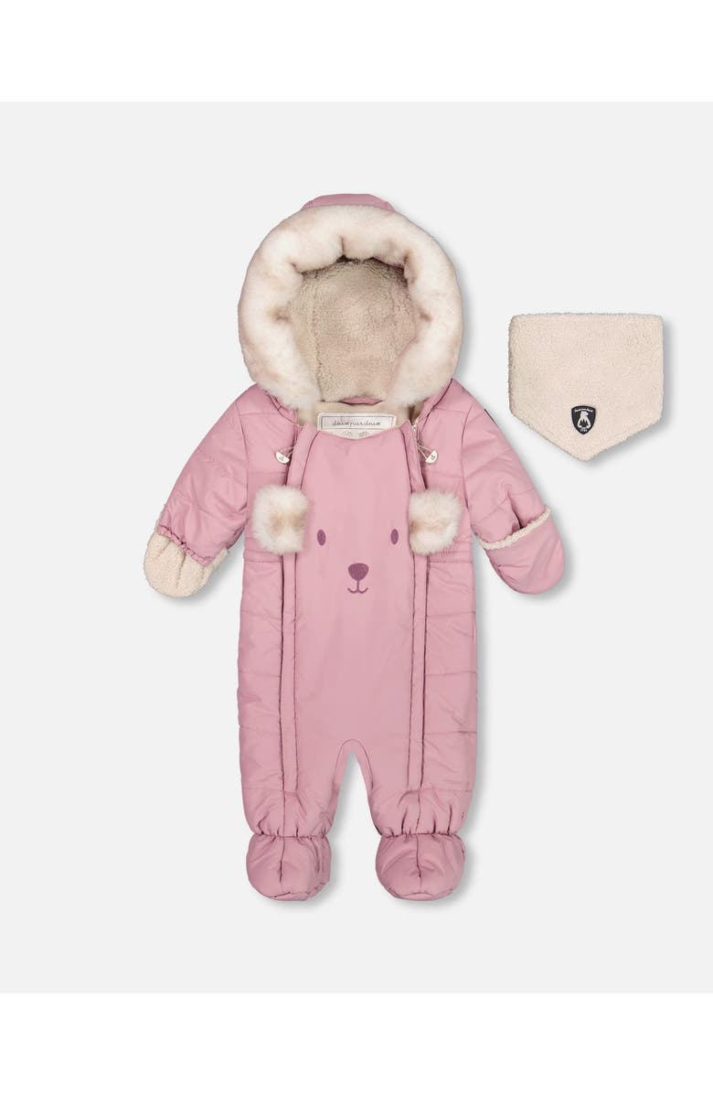 Deux par Deux Baby Girl's One Piece Baby Bear Face Snowsuit Orchid Designed For Car Seat, Main, color, 