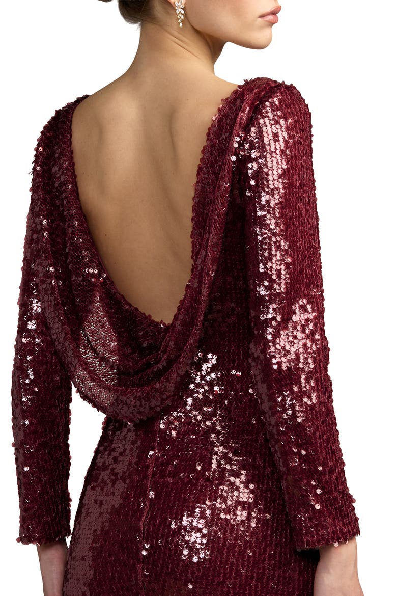 High Neck Long Sleeve Cowl Back Sequin Gown, Alternate, color, Ruby