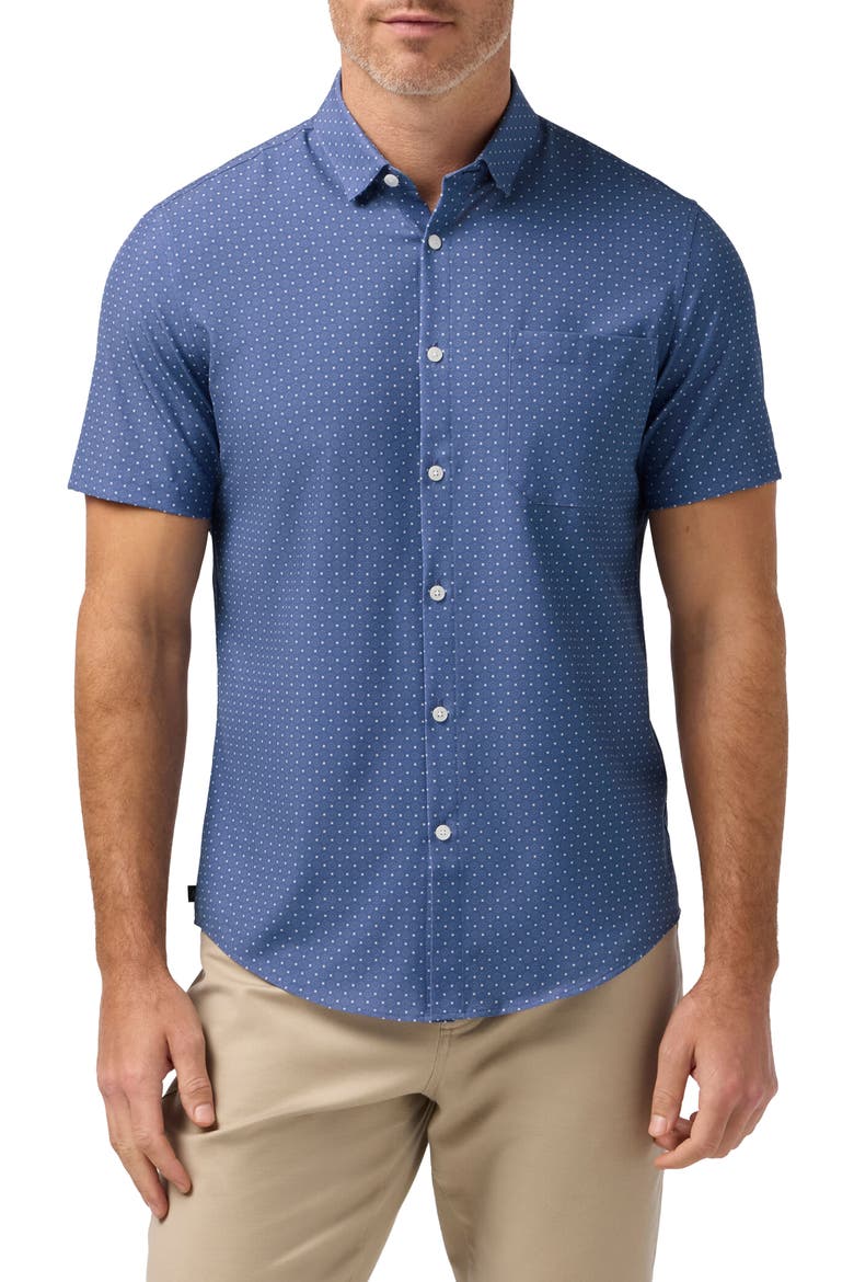 Leeward Trim Fit Short Sleeve Performance Button-Up Shirt, Main, color, COASTAL FJORD MEDALLION PRINT
