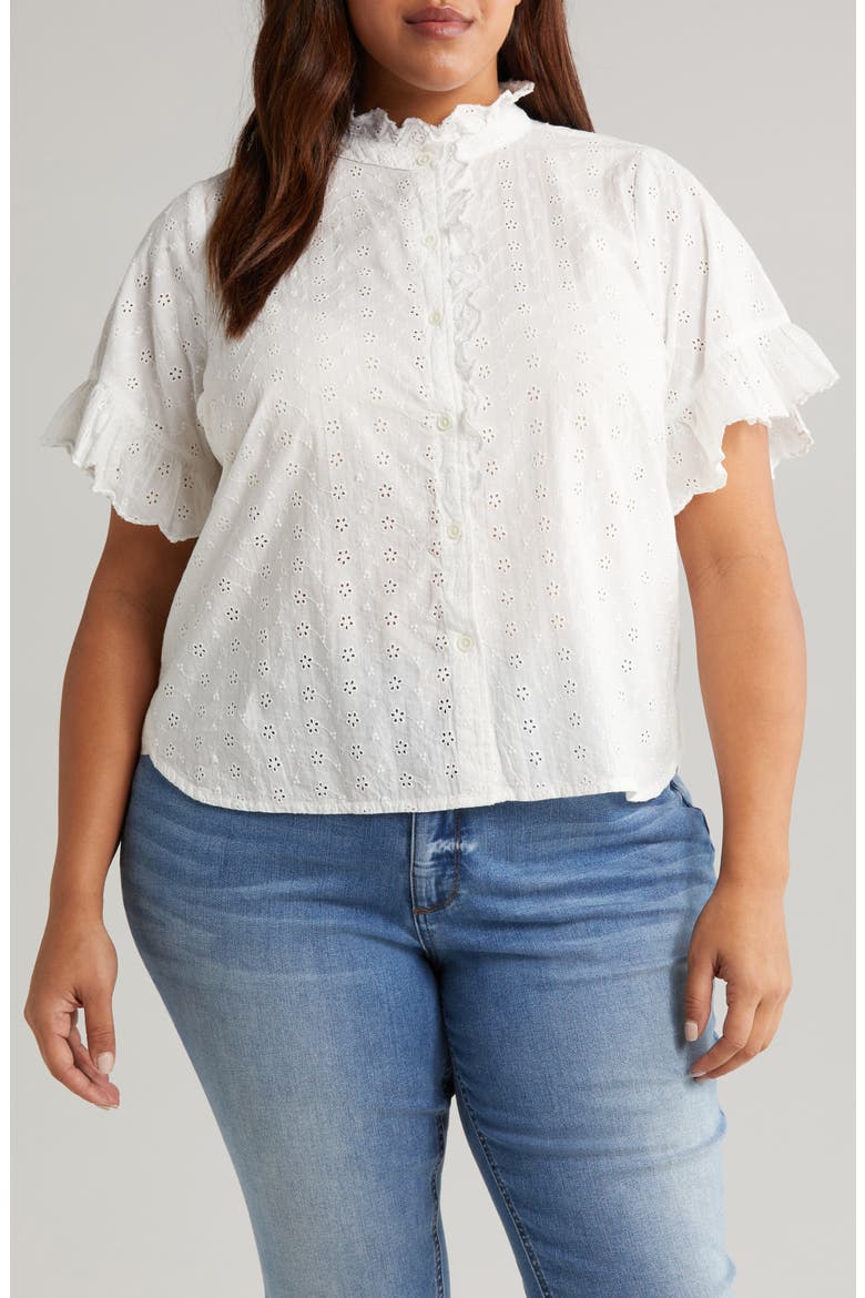 Embroidered Eyelet Short Sleeve Button-Up Shirt (Nordstrom Exclusive), Main, color, WHITE