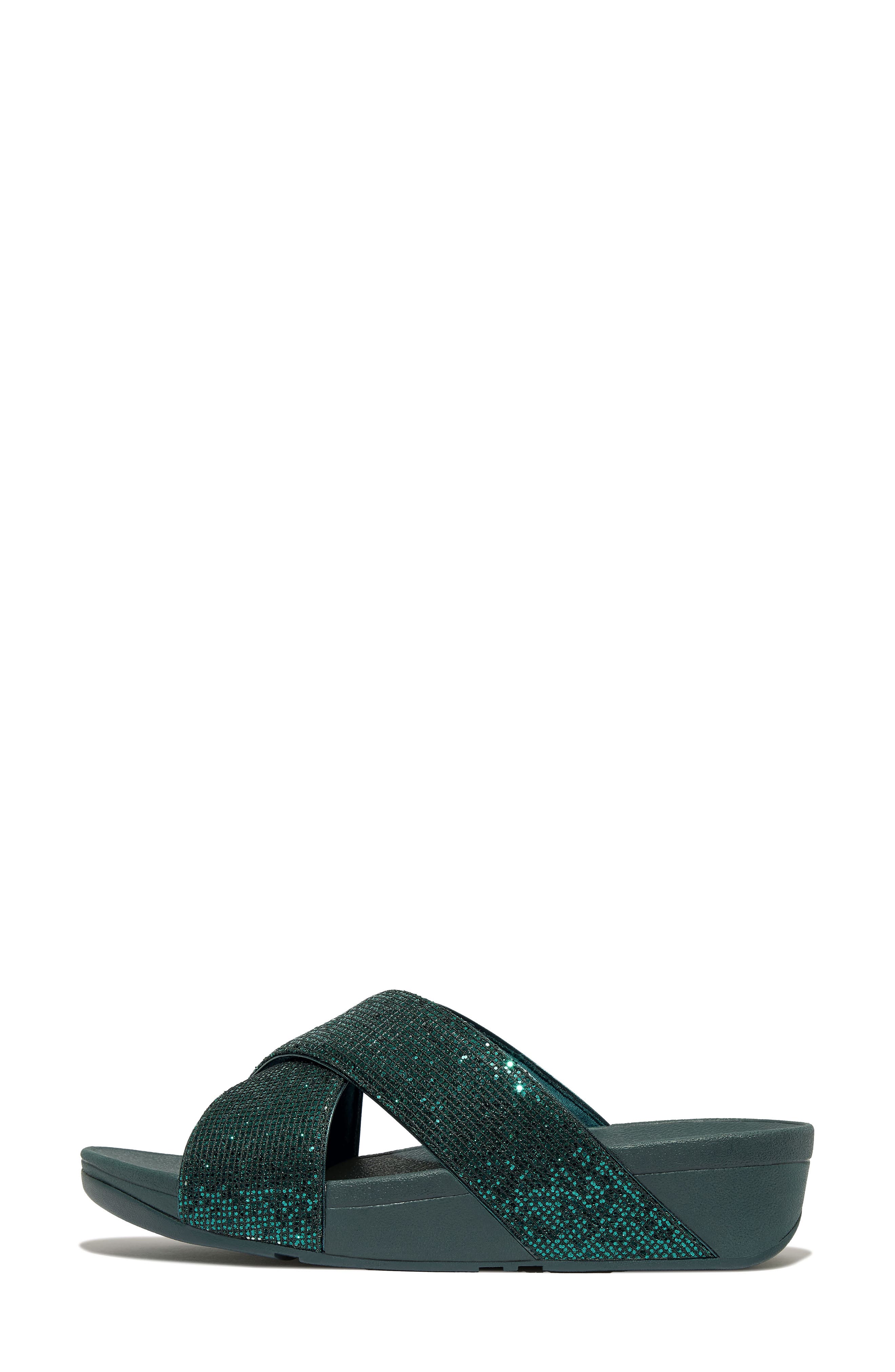 FitFlop Lulu Glitterball Platform Wedge Slide Sandal, Alternate, color, Metallic Deep Teal