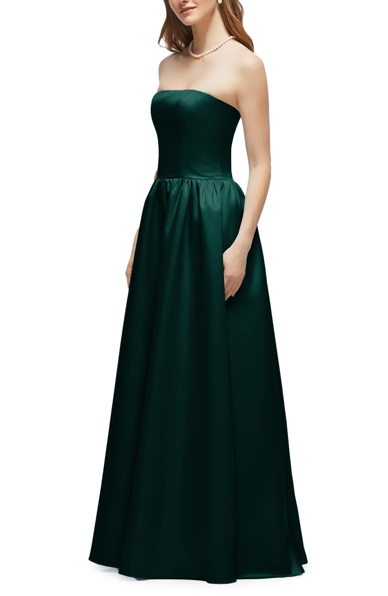 Dessy Collection Strapless Drop Waist Satin Twill Gown, Alternate, color, Evergreen