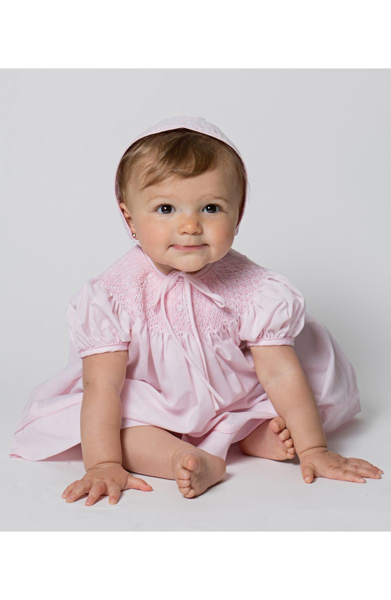 Carriage Boutique Imitation Pearl Cross Christening Gown & Bonnet Set, Alternate, color, Pink