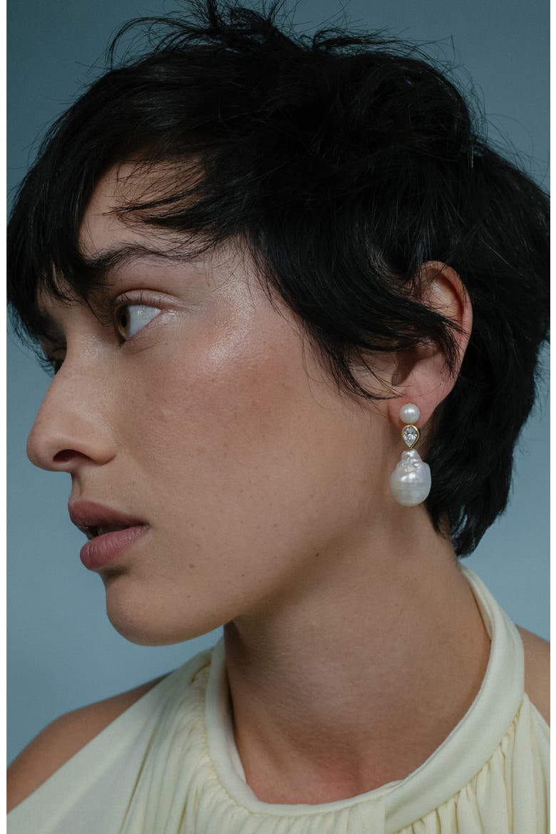Baroque Pearl & Cubic Zirconia Drop Earrings, Alternate, color, 18CT GOLD PLATED
