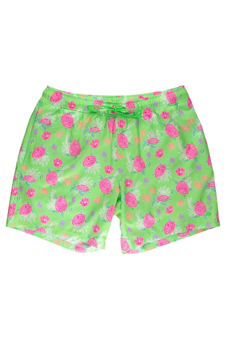 UPF50+ Sun Protected Men's Stretch Swim Trunks, Main, color, Neon Turtle Tide
