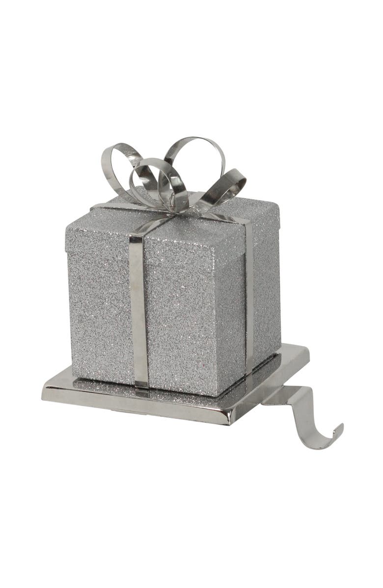Northlight 5.5" Silver Glitter Gift Box with Bow Christmas Metal Stocking Holder, Main, color, 