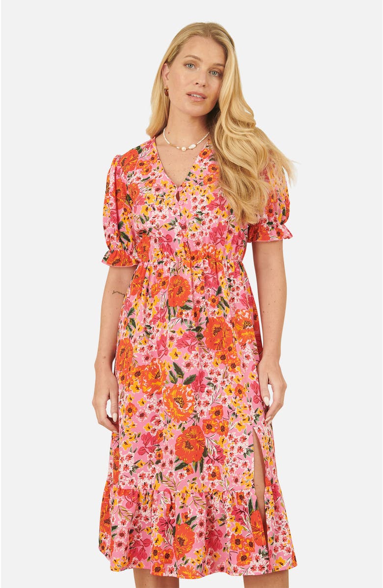 Yumi Short Sleeve V-Neck Printed Midi Dress, Alternate, color, Pink