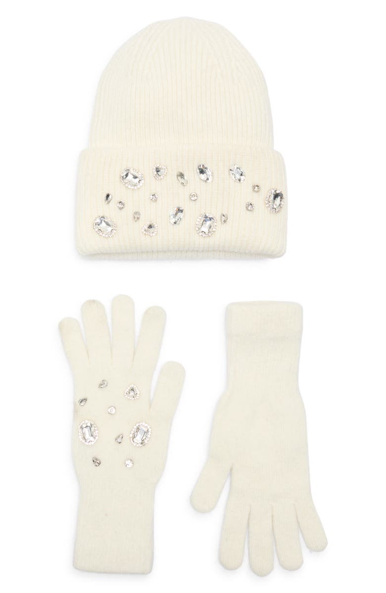 La Fiorentina Rhinestone Beanie & Gloves Set, Main, color, Ivory