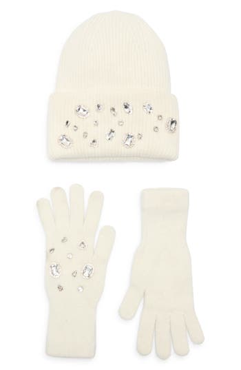 La Fiorentina Rhinestone Beanie & Gloves Set In Neutral