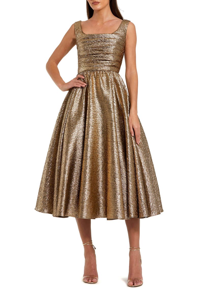 Shimmering Square Neck Sleeveless A-Line Midi Dress, Main, color, Antique Bronze