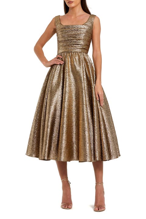 Shimmering Square Neck Sleeveless A-Line Midi Dress