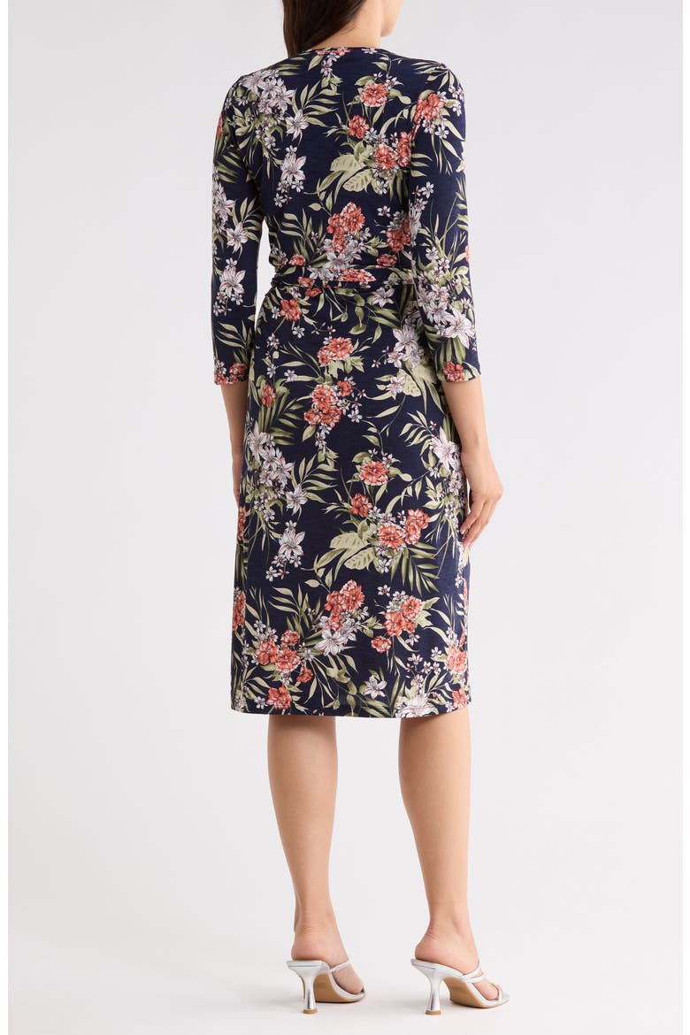 Floral Three-Quarter Sleeve Wrap Midi Dress, Alternate, color, NAVY