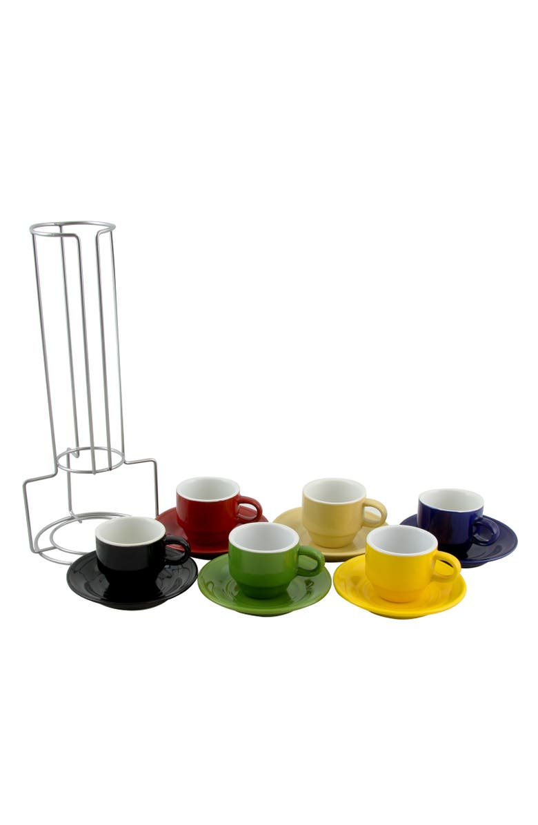 Gibson Sensations 13 Piece Stackable Non-Toxic Ceramic Small Espresso Cup Set with Saucers and Metal Wire Rack, Alternate, color, Black