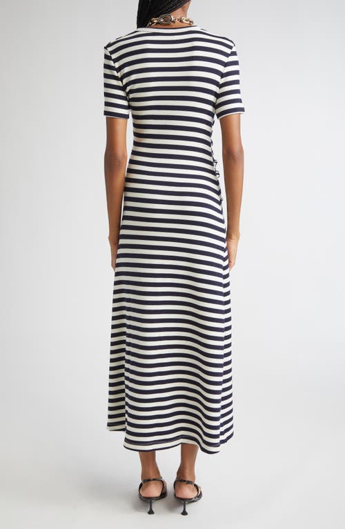 Rabanne Gathered Embellished Striped Wool-blend Midi Dress In Multi