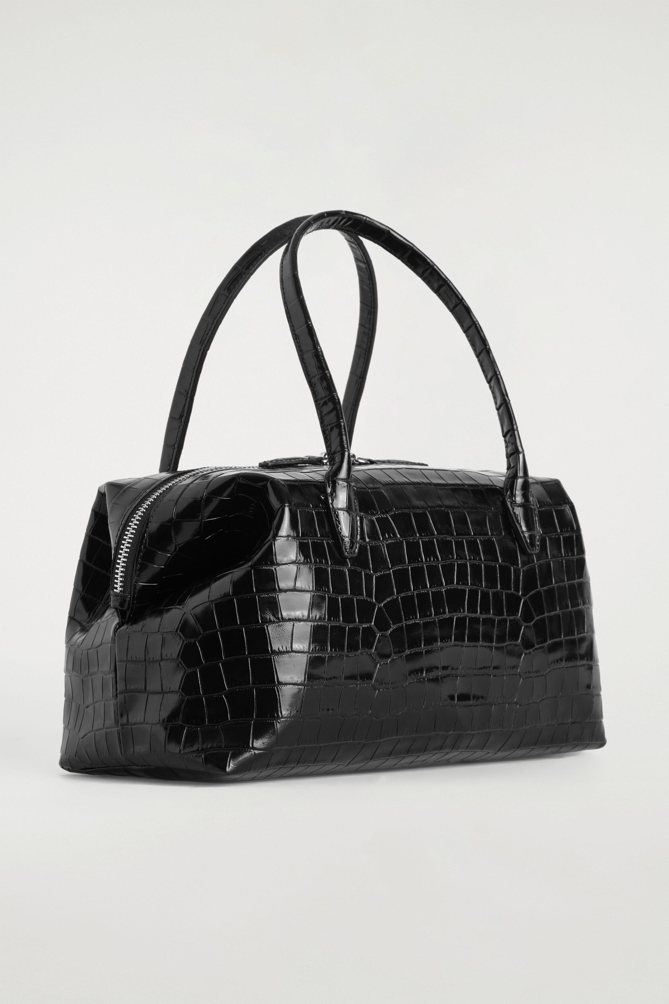 Montmartre Bowling Bag - Croc-effect Leather, Alternate, color, BLACK