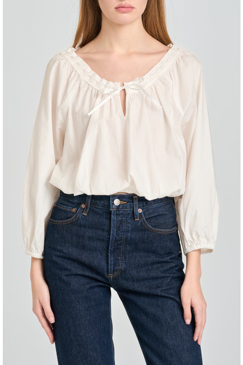 Mia Boho Lace Trim Gathered Stretch Cotton Top, Alternate, color, IVORY