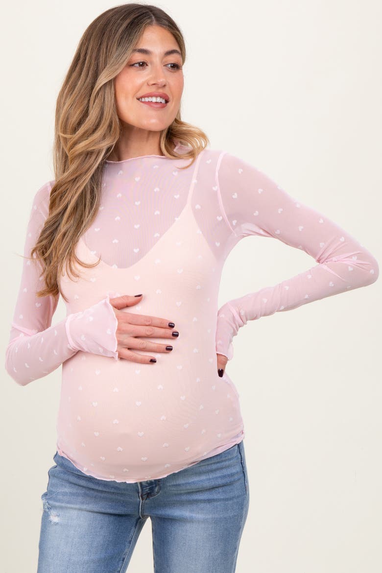 Mesh Heart High Neck Long Sleeve Top, Alternate, color, Light Pink