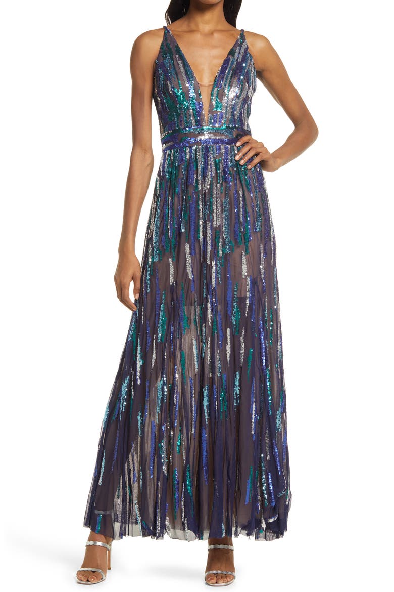 Samira Sequin Embellished Gown, Main, color, NAVY MULTI