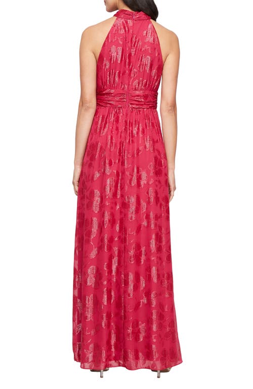 Shop Sl Fashions Floral Burnout Halter Gown In Fuchsia