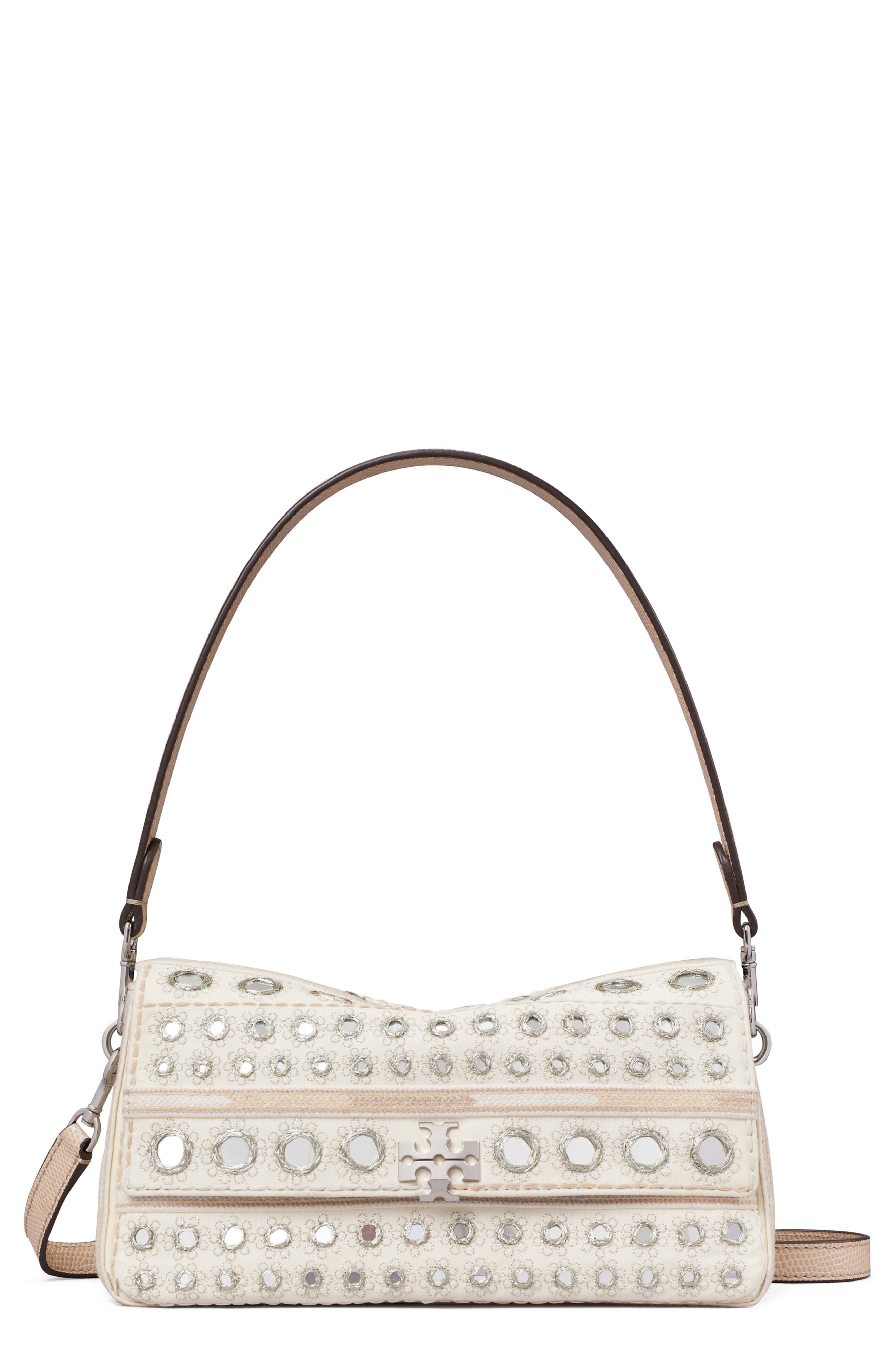Tory Burch Small Charlie Embellished Shoulder Bag, Main, color, New Ivory