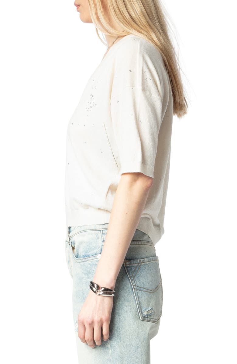 Zadig & Voltaire Wully Lico Embellished Linen Blend V-Neck Sweater, Alternate, color, Ecru