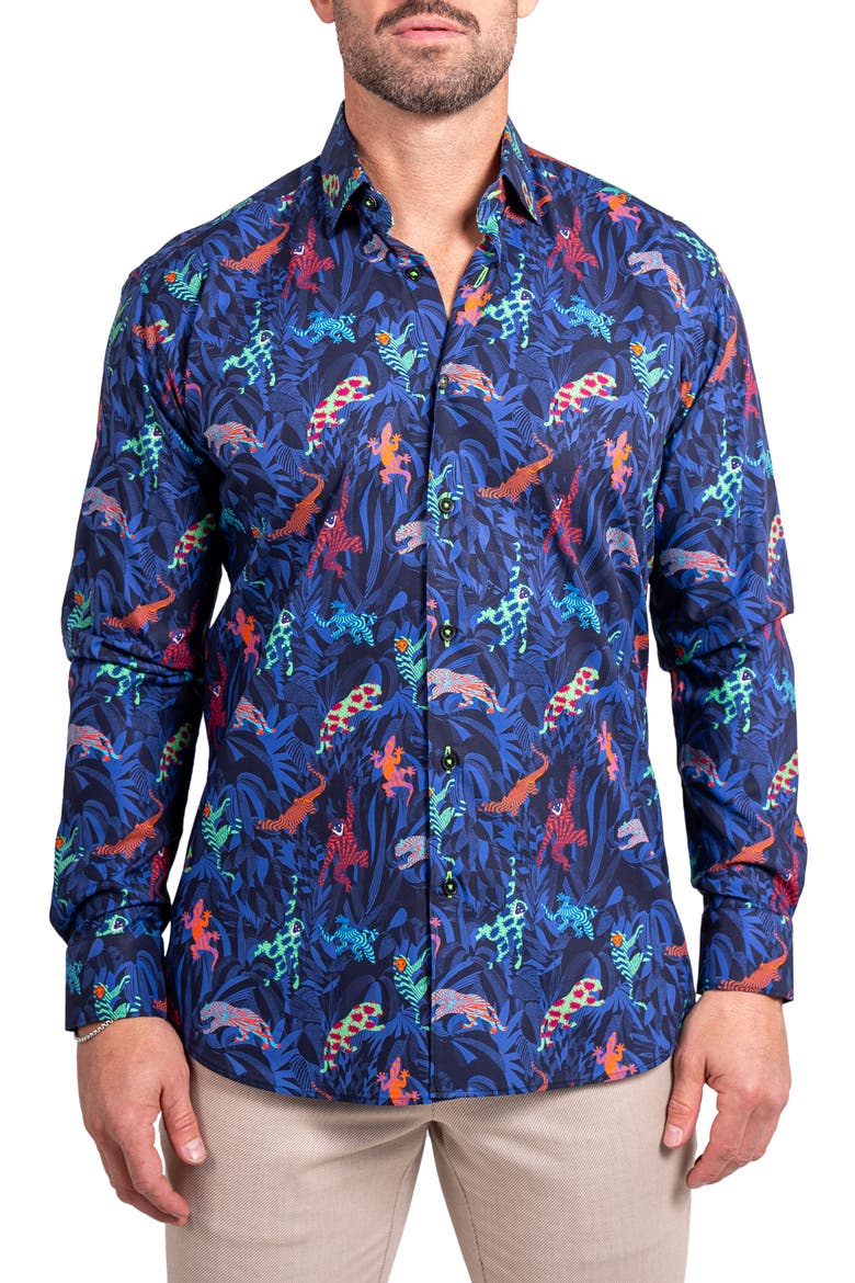Fibonacci Ascension 0213 Jungle Print Contemporary Fit Button-Up Shirt, Main, color, BLUE