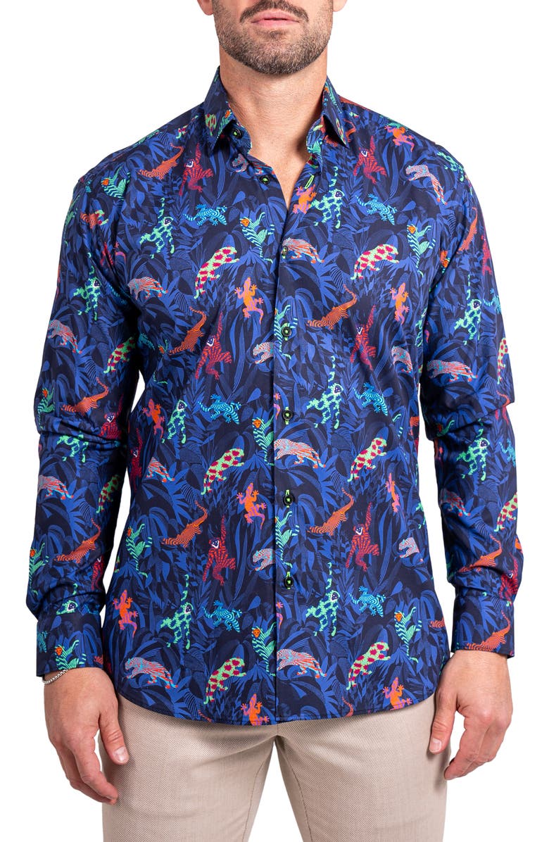 Maceoo Fibonacci Ascension 0213 Jungle Print Contemporary Fit Button-Up Shirt, Main, color, Blue