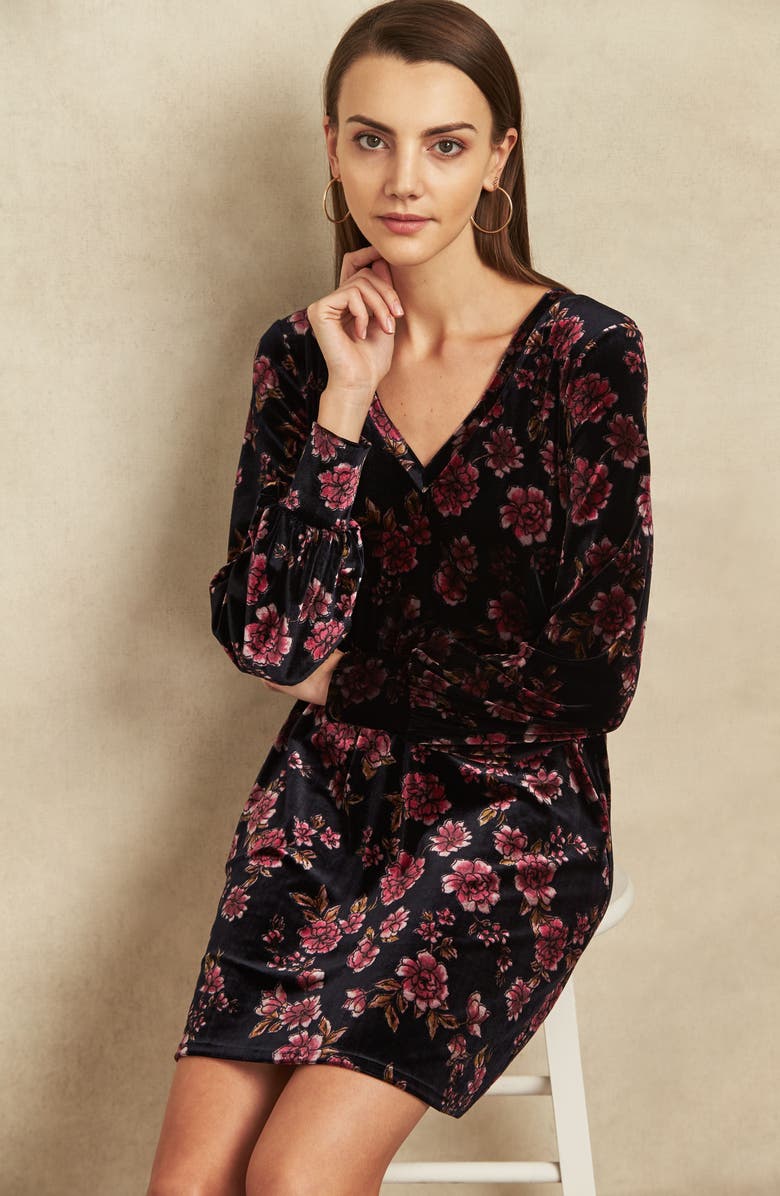 1.STATE Gallant Garden Balloon Sleeve Stretch Velvet Dress, Alternate, color, 