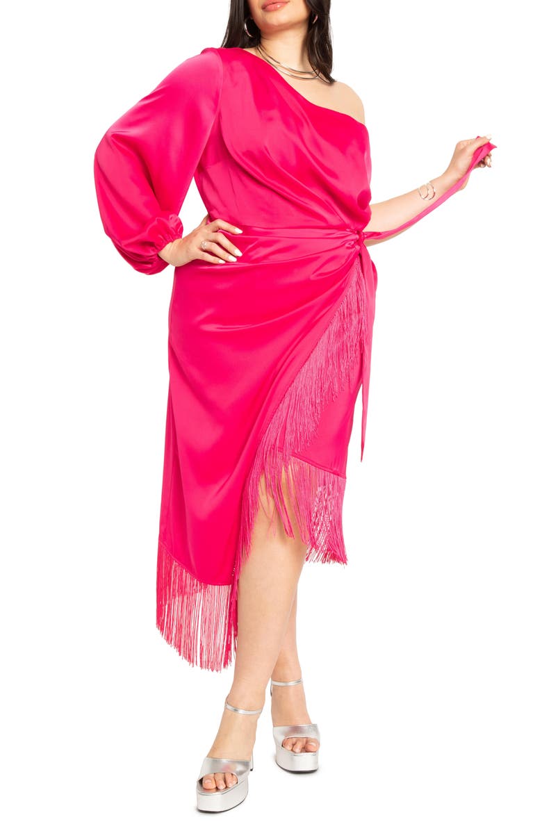 ELOQUII One-Shoulder Fringe Dress, Main, color, 