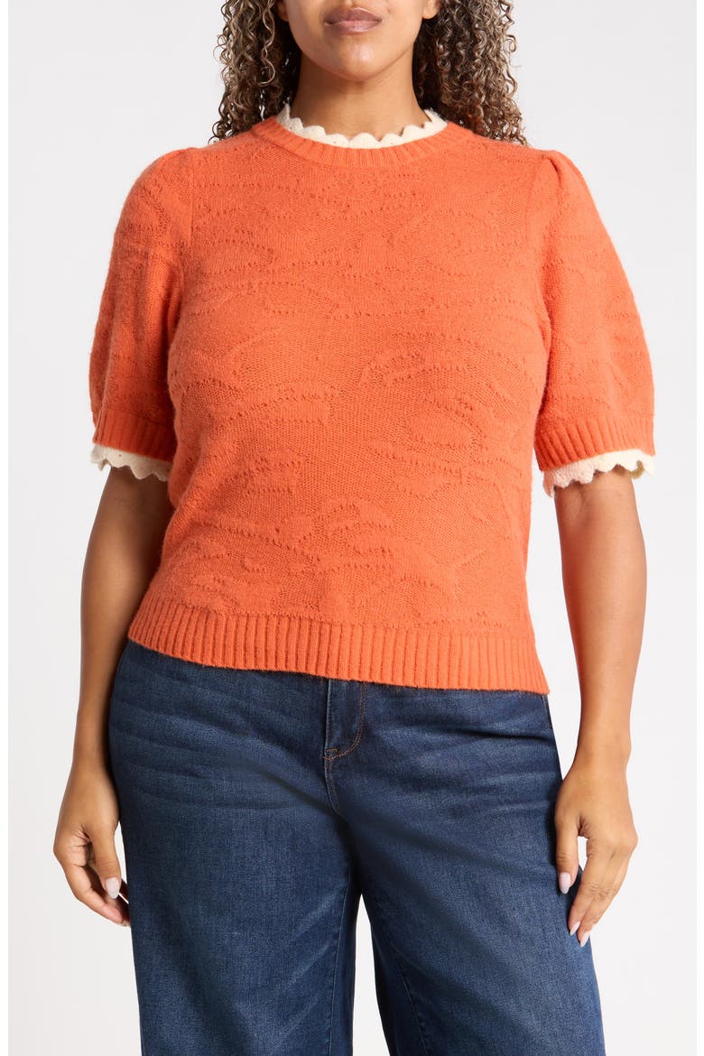 Scallop Trim Puff Sleeve Sweater, Main, color, SUNRISE/ ECRU