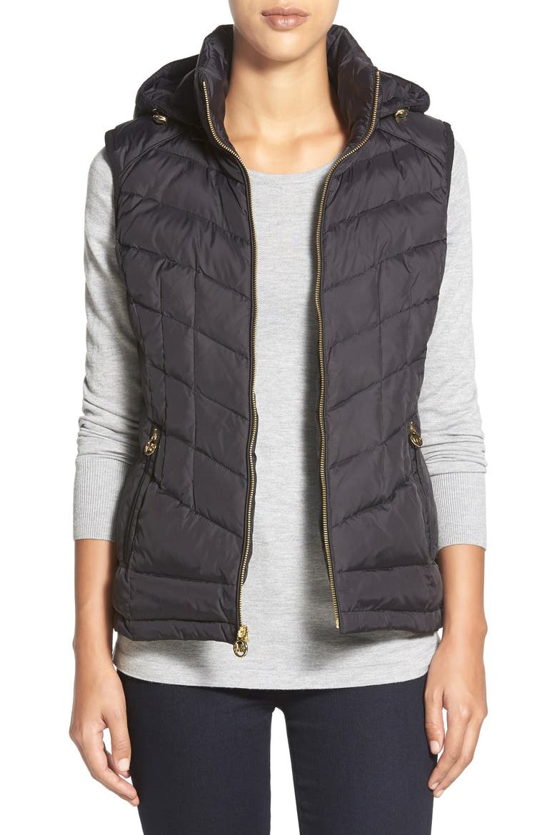 Quilted Down & Feather Fill Vest with Detachable Hood, Main, color, BLACK
