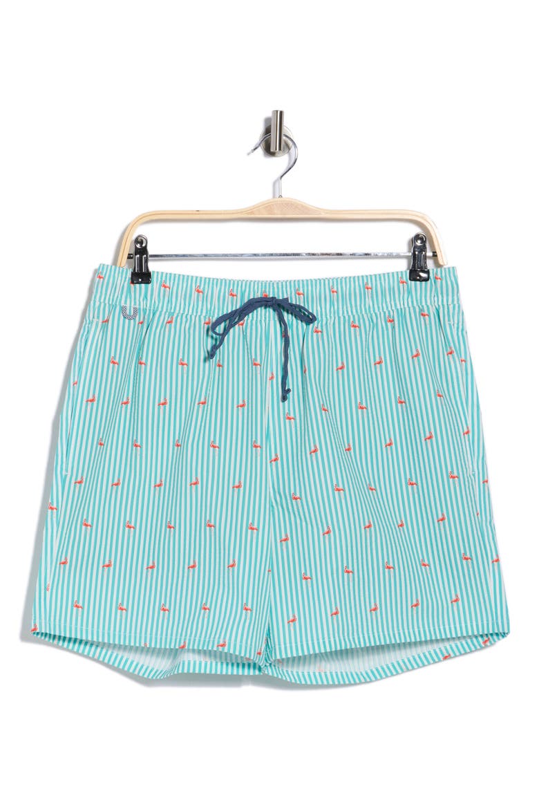 Flamingo Seersucker Swim Trunks, Alternate, color, BLUE TURQUOISE FLAMINGO