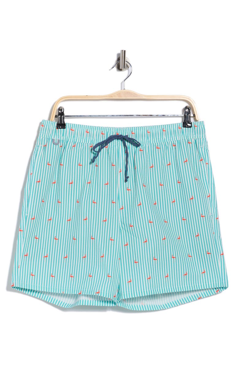 Rainforest Flamingo Seersucker Swim Trunks, Main, color, Blue Turquoise Flamingo