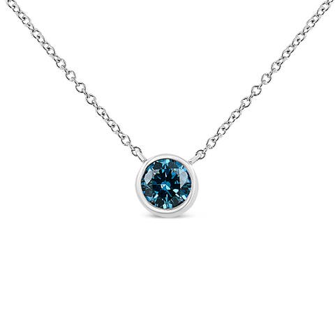 14K White Gold 1/2 Cttw Blue Lab Grown Diamond Bezel- Solitaire Pendant Necklace