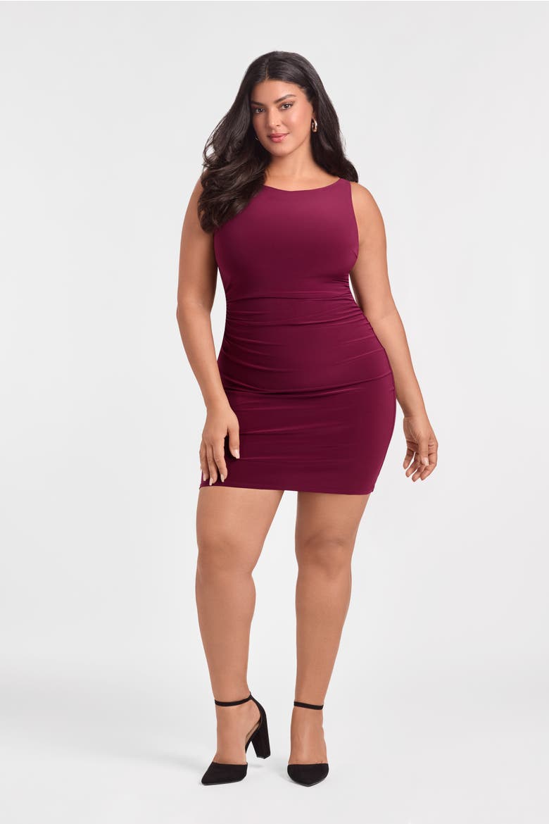 Sculpting Shapewear Shirred Boat Neck Solid Mini Dress, Alternate, color, Cherry Mocha