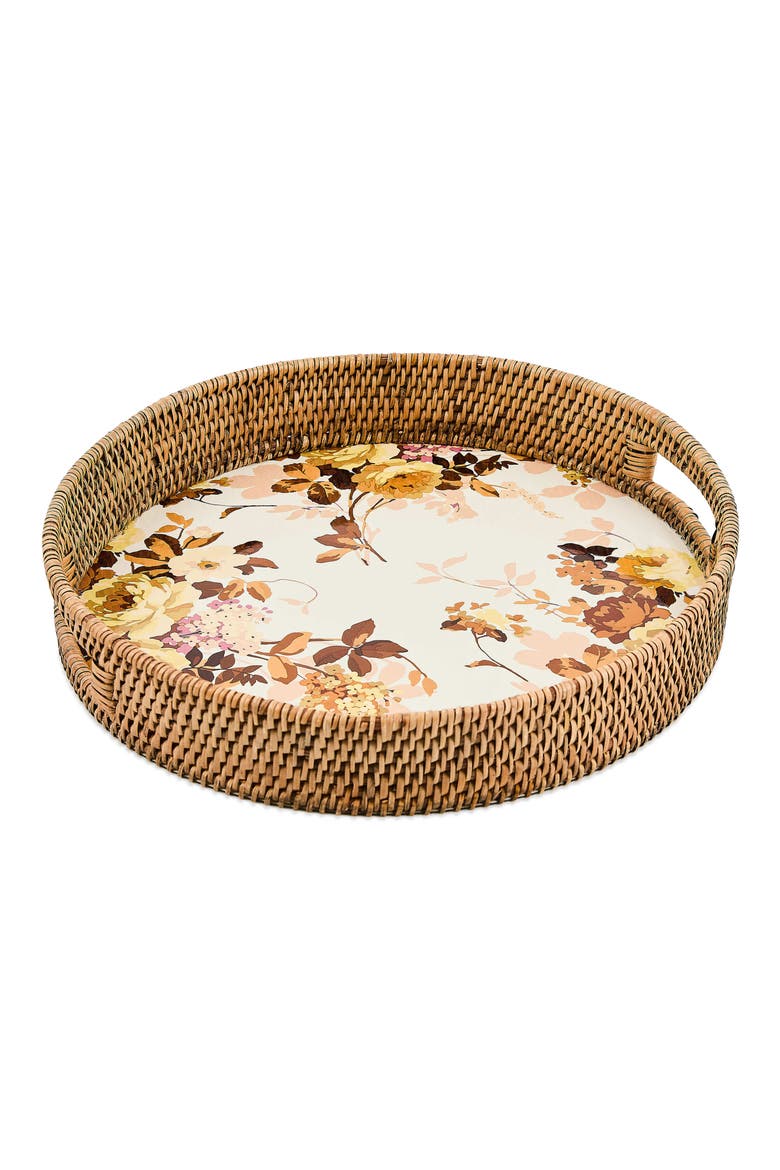 Wild Rose Enameled Steel & Rattan Tray, Main, color, WHITE