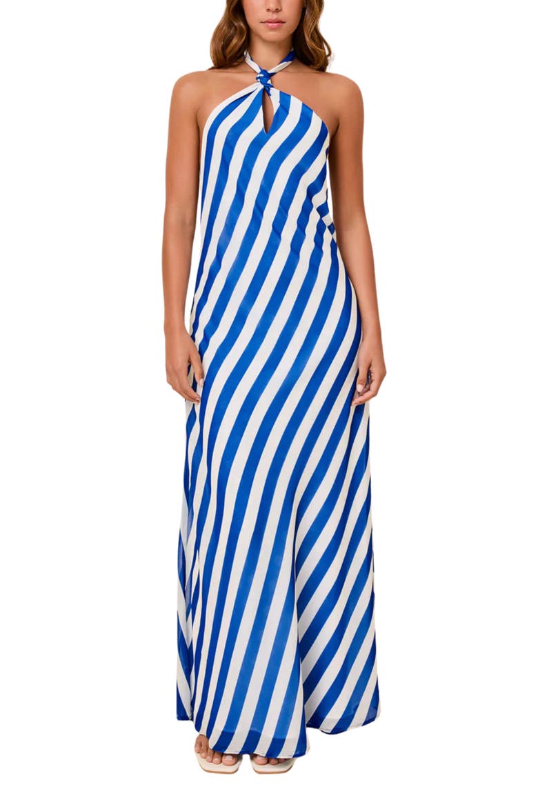 Brisa Halter Neck Maxi Cover-Up Dress, Alternate, color, BLUE STRIPE / DOT