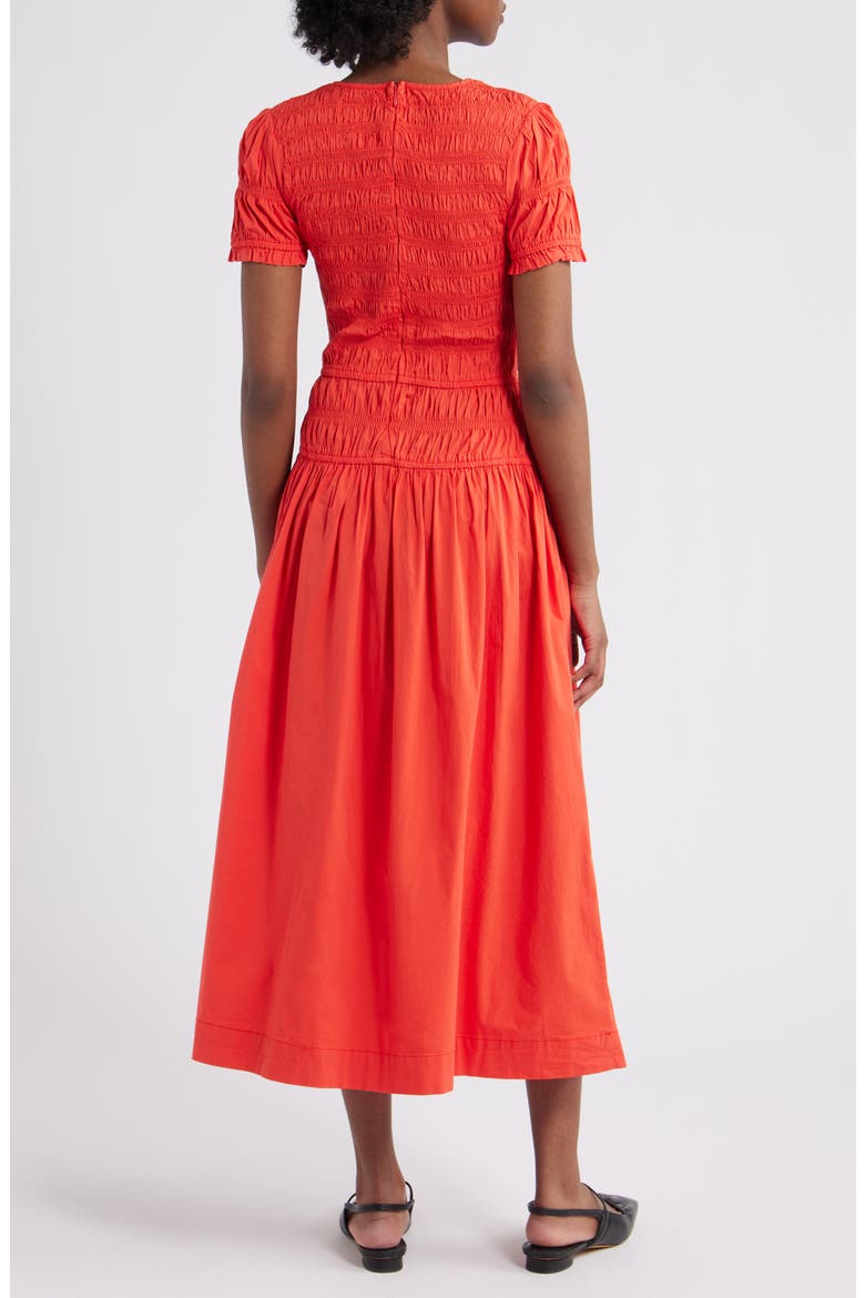 Smocked Drop Waist Stretch Organic Cotton Midi Dress, Alternate, color, RED